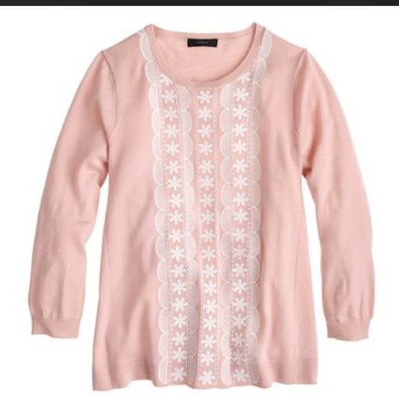 J. Crew Merino Wool pink floral embroidery white floral - Picture 2 of 10